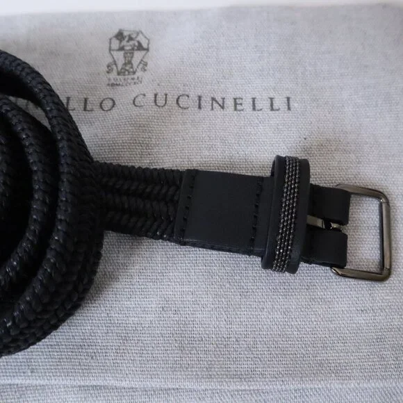 Brunello Cucinelli Belt Black Raffia Monili Leather Trim Stretch Size Medium - Picture 2 of 7